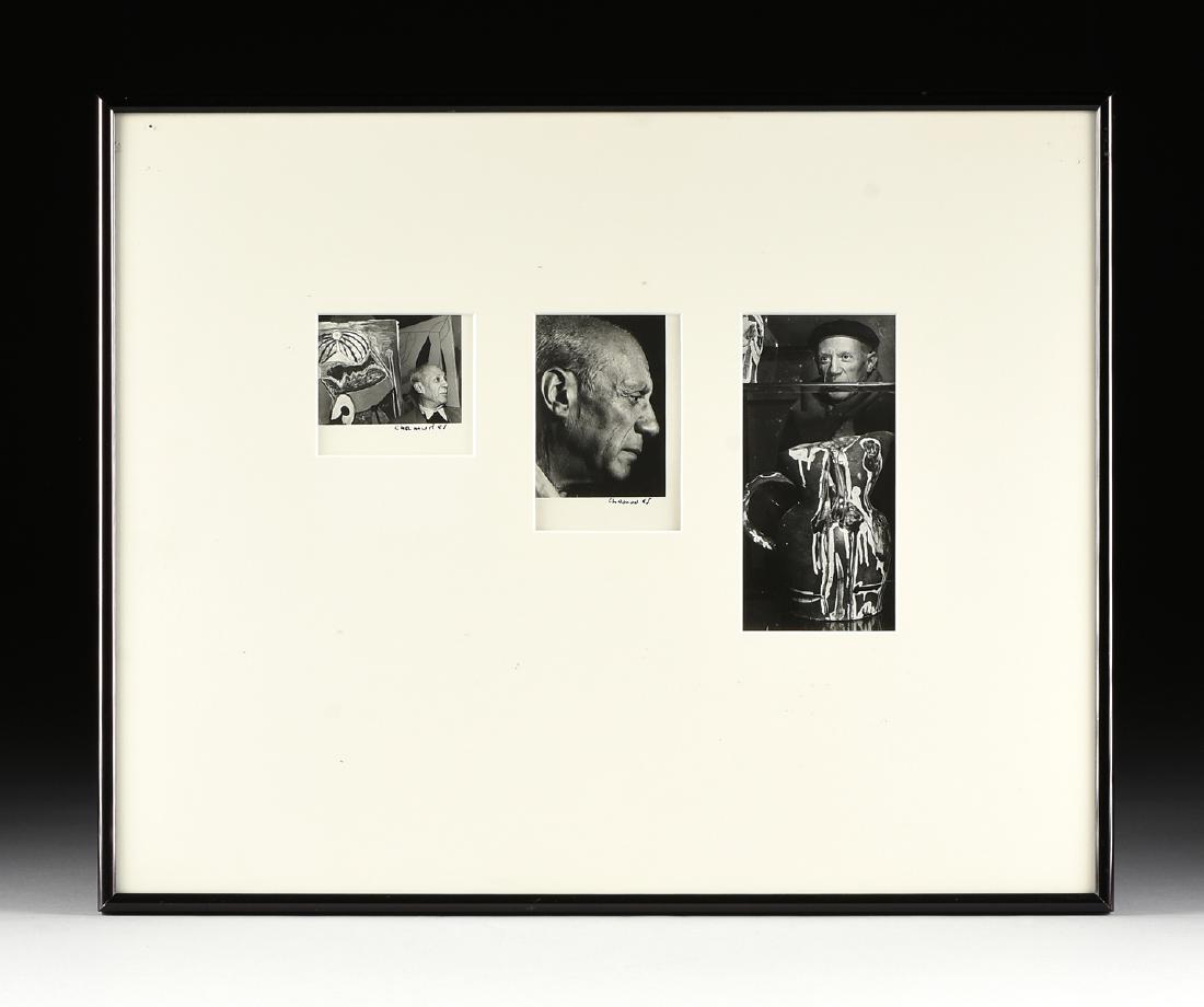 MARCOS CHAMUDES (Chilean 1907-1989) THREE PHOTOGRAPHS: MARCOS CHAMUDES (Chilean 1907-1989) THREE PHOTOGRAPHS OF PABLO PICASSO (Spanish 1881-1973), CIRCA 1948, gelatin silver prints on paper, two signed L/L, from left to right the images of Pablo Picasso s