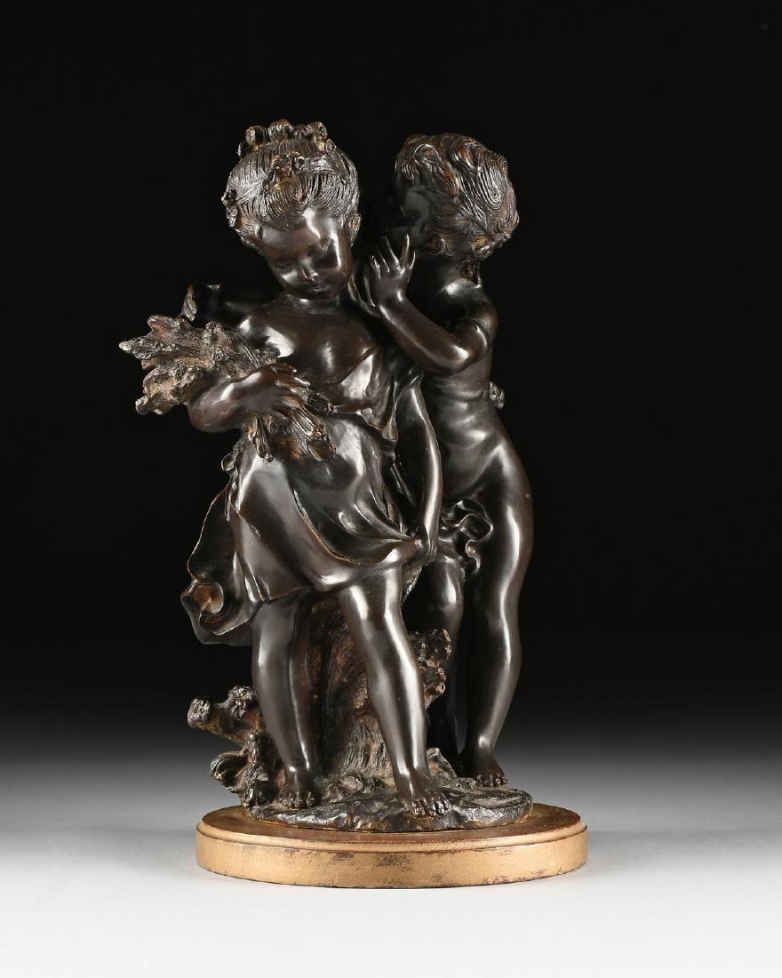 after AUGUSTE MOREAU (French 1834-1917) A BRONZE: after AUGUSTE MOREAU (French 1834-1917) A BRONZE SCULPTURE, "Le Secret," EARLY/MID 20TH CENTURY, signed spuriously in bronze, on a giltwood circular plinth base, height: 17.00", diameter: 9".
