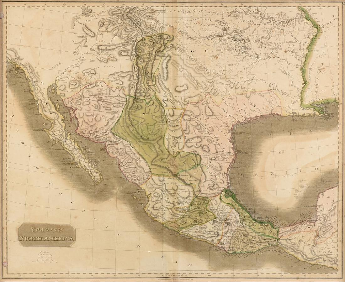 AN ANTIQUE MAP, "Spanish North America," 1814,: AN ANTIQUE MAP, "Spanish North America," 1814, hand colored engraving on paper, "Drawn and Engraved for Thomson's New General Atlas..." 20" x 25" Note: "A large map of Texas, Mexico and the American S