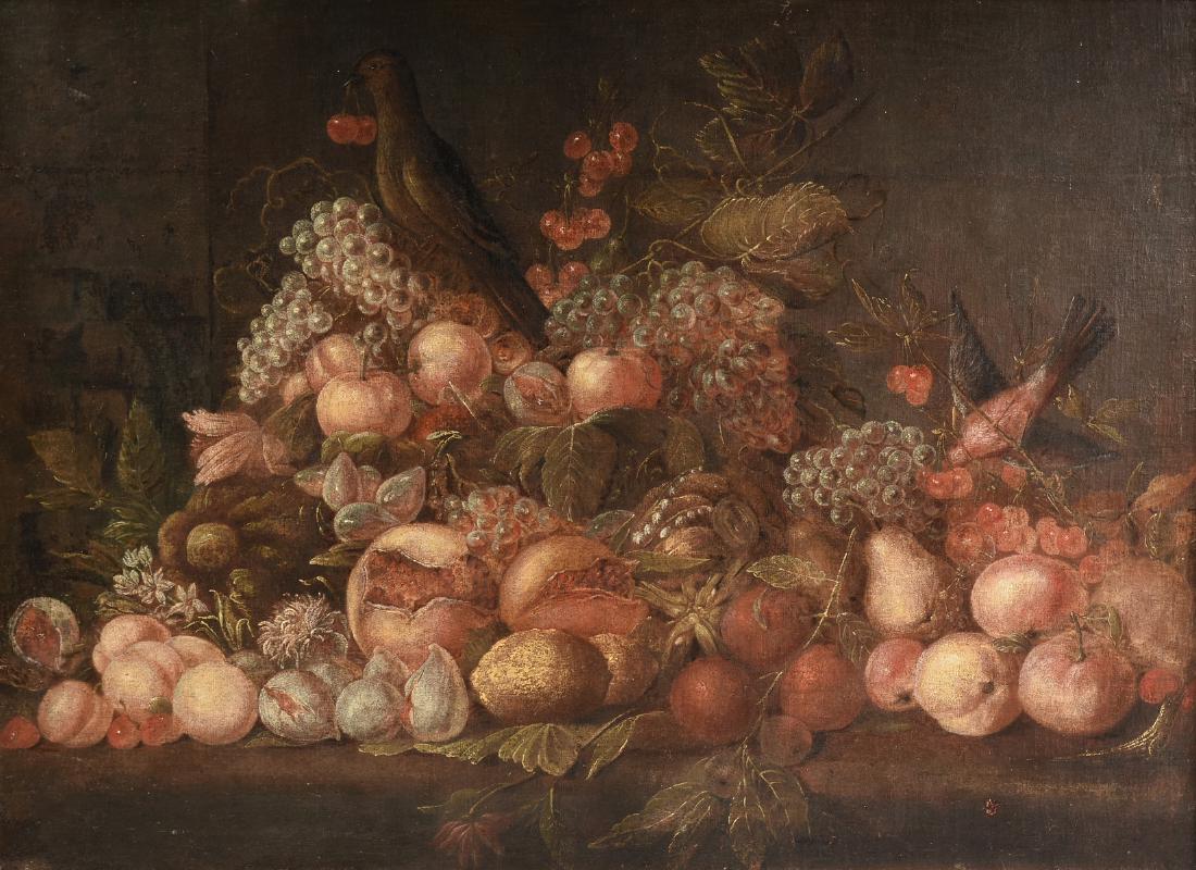 after ADRIAEN VAN UTRECHT (Flemish 1599-1652) A: after ADRIAEN VAN UTRECHT (Flemish 1599-1652) A PAINTING, "Still life with Cherries, Lemon, Figs, Grapes, Pears, Peaches and Birds," 19TH CENTURY, oil on canvas. 29" x 39"