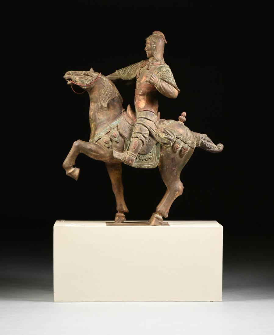 A CHINESE POLYCHROME PAINTED AND CARVED WOOD WARRIOR ON: A CHINESE POLYCHROME PAINTED AND CARVED WOOD WARRIOR ON HORESEBACK WITH STAND, LATE 18TH/EARLY 19TH CENTURY, nicely sculpted wearing traditional Tang Dynasty style armor and helmet with a fierce expre