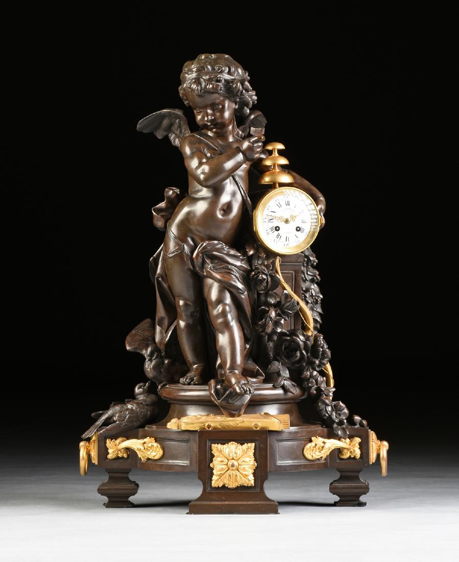 A FINE NAPOLEON III GILT AND PATINATED BRONZE FIGURAL: A FINE NAPOLEON III GILT AND PATINATED BRONZE FIGURAL MANTLE CLOCK, BY VICTOR PAILLARD, PARIS, THIRD QUARTER 19TH CENTURY, beautifully cast and chased representing an allegory of love, modeled as the