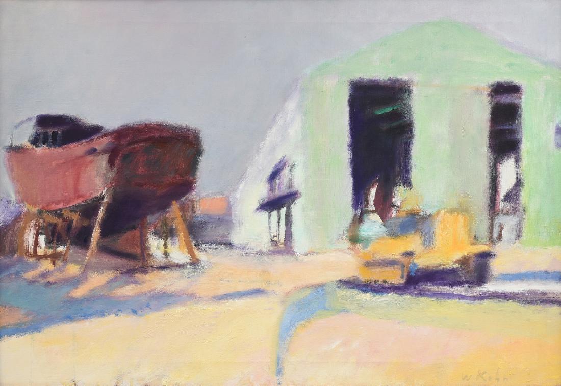 WOLF KAHN (German/American b. 1927) A PAINTING, "Boat: WOLF KAHN (German/American b. 1927) A PAINTING, "Boat in Dry Dock," oil on canvas, signed L/R, verso a paper gallery label. 22" x 32" Provenance: Meredith Long & Company, Houston, Texas.