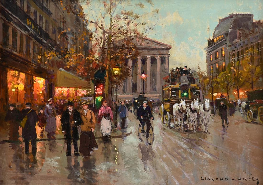 ÉDOUARD CORTÈS (French 1882-1969) A PAINTING, "Les: ÉDOUARD CORTÈS (French 1882-1969) A PAINTING, "Les Boulevard de la Madeline," oil on masonite, signed L/R. 13" x 18"