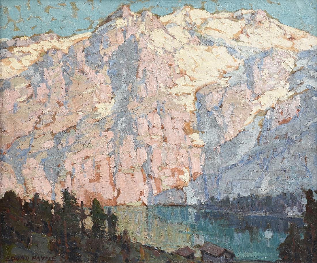 EDGAR PAYNE (American 1883-1947) A PAINTING, "Pink and: EDGAR PAYNE (American 1883-1947) A PAINTING, "Pink and Violet Mountains with Lake Front Houses," oil on canvas, signed L/L. 20" x 24 1/4"