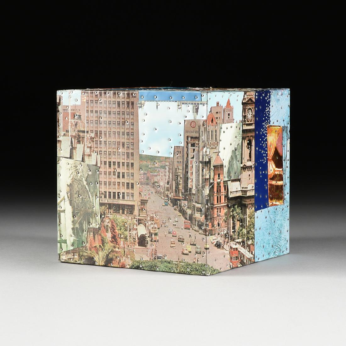 TONY BERLANT (American b.1941) A COLLAGE, "City Light: TONY BERLANT (American b.1941) A COLLAGE, "City Light #13," 1987, found metal on wood with steel brads. 7" x 7" x 7"