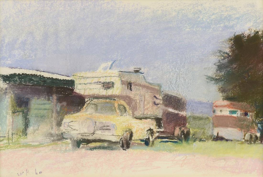 WOLF KAHN (German/American b. 1927) A DRAWING, "Trucks: WOLF KAHN (German/American b. 1927) A DRAWING, "Trucks & Horse Trailers," pastel on paper, signed L/L. 12" x 18" Provenance: Christies New York,