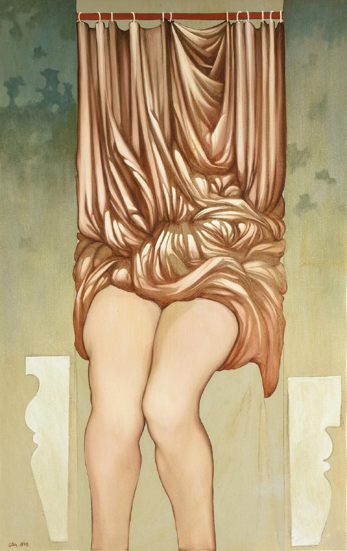 OTIS DARE HUBAND JR (American/Texas b. 1933) A: OTIS DARE HUBAND JR (American/Texas b. 1933) A PAINTING, "The Enigma of Personality," CIRCA 1975, oil on canvas, signed and dated L/L, verso dated, "Aug. 17, 1975," titled, and signed. 36" x 24"