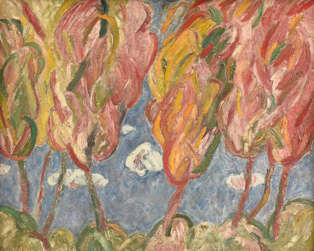 ROBERT WEIMERSKIRCH (American/Texas 1923-2015) A: ROBERT WEIMERSKIRCH (American/Texas 1923-2015) A PAINTING, "Eight Trees in Landscape with Clouds," oil on canvas, signed and dated L/R in paint, "Weimerskirch '97." 24" x 30"