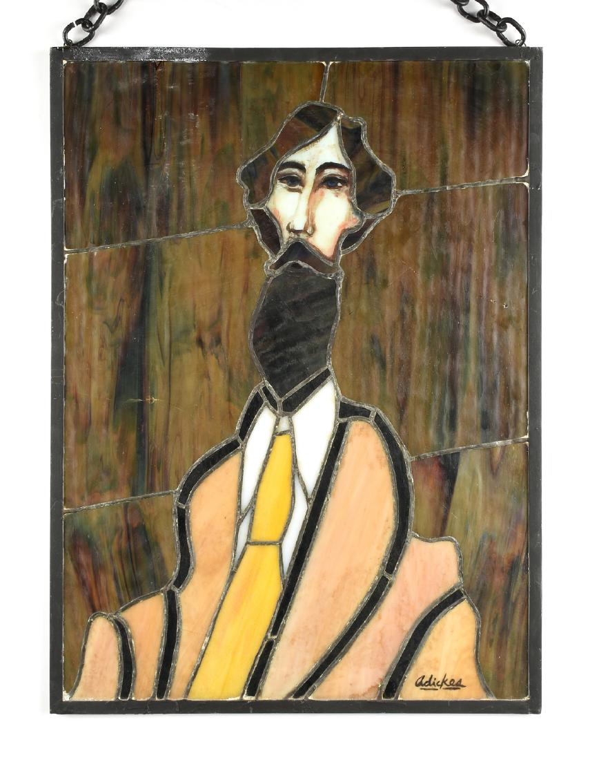 DAVID ADICKES (American/Texas b. 1927) A STAINED GLASS: DAVID ADICKES (American/Texas b. 1927) A STAINED GLASS PANEL, "Bearded Gentleman in a Merigold and Blue Suit," oil on stained glass, signed L/R. 24.50" x 18.25"