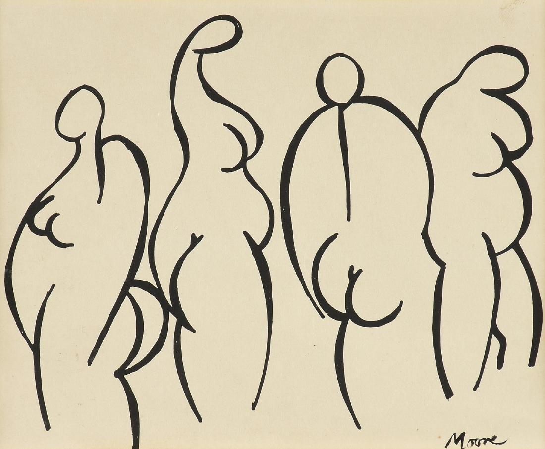 after HENRY SPENCER MOORE (English 1898-1986) A PRINT,: after HENRY SPENCER MOORE (English 1898-1986) A PRINT, "Gesture Sketch of Nude Woman," lithograph on paper, signed in plate, the figures modeled closely to Henri Matisse (French 1869-1954). 5.50" x 6.