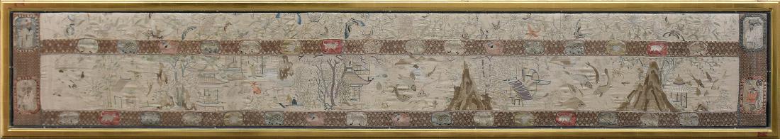 AN ANTIQUE CHINESE POLYCHROME SILK BLIND STITCHED AND: AN ANTIQUE CHINESE POLYCHROME SILK BLIND STITCHED AND EMROIDERIED SATINE BED VALANCE, 19TH CENTURY, the fine and minutely hand sewn horizontal panel centering a frieze of a succession of ponds filled 
