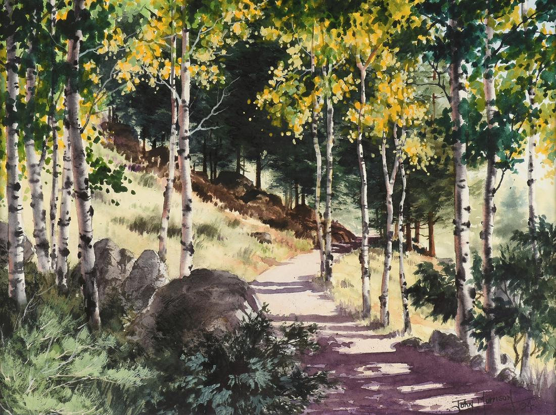 JOHN MORRISON (Australian 20th/21st Century) A: JOHN MORRISON (Australian 20th/21st Century) A PAINTING, "Birch Trees Along the Path," 1994,watercolor on paper, signed and dated L/R. 11.50" x 15.5"