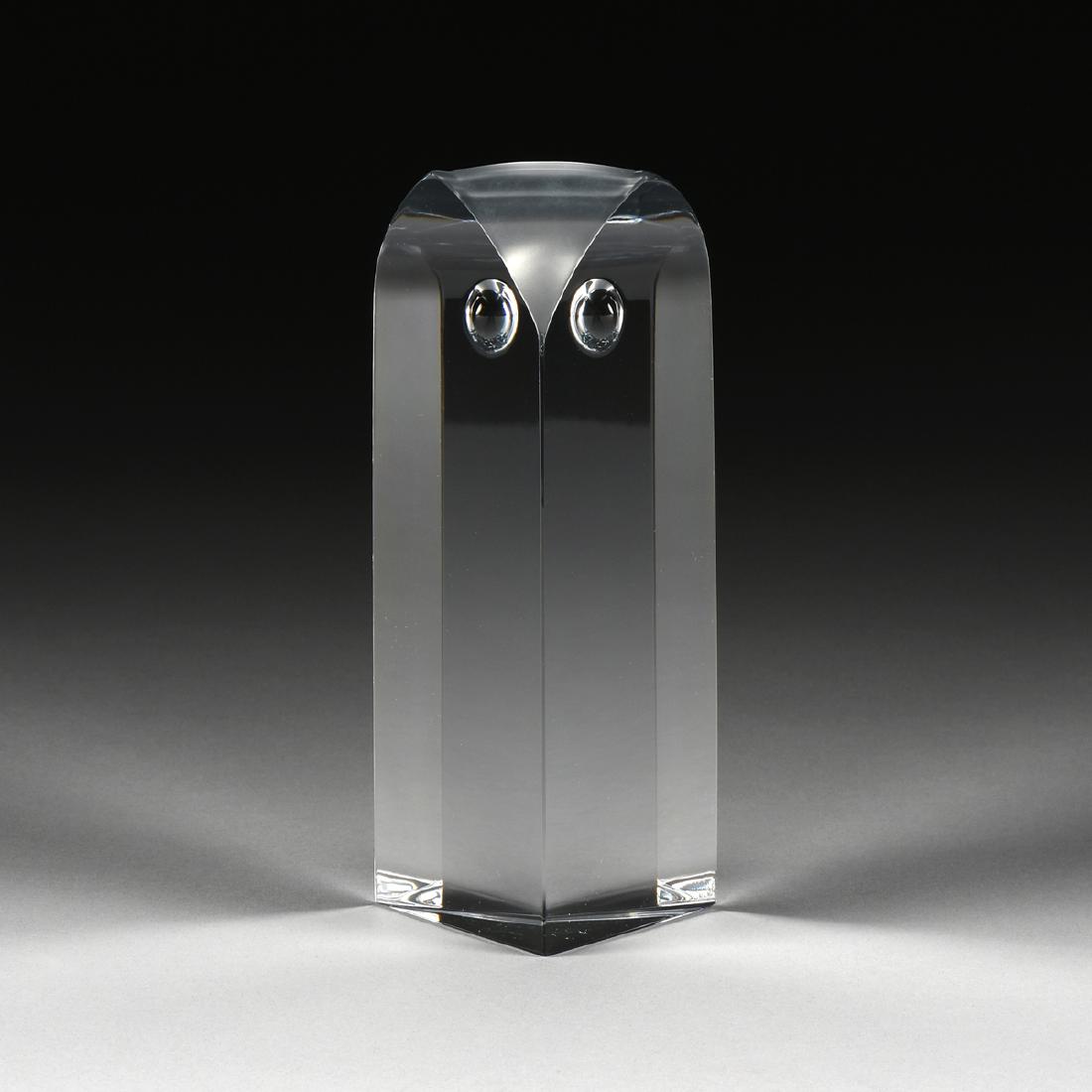 A MODERN VAL ST LAMBERT CRYSTAL OWL SCULPTURE, DESIGNED: A MODERN VAL ST LAMBERT CRYSTAL OWL SCULPTURE, DESIGNED BY YAN ZORITCHAK, ENGRAVED SIGNATURES, CIRCA 1995, of vertical triangular prism form and conforming frosted forehead, engraved on underside, "ZO