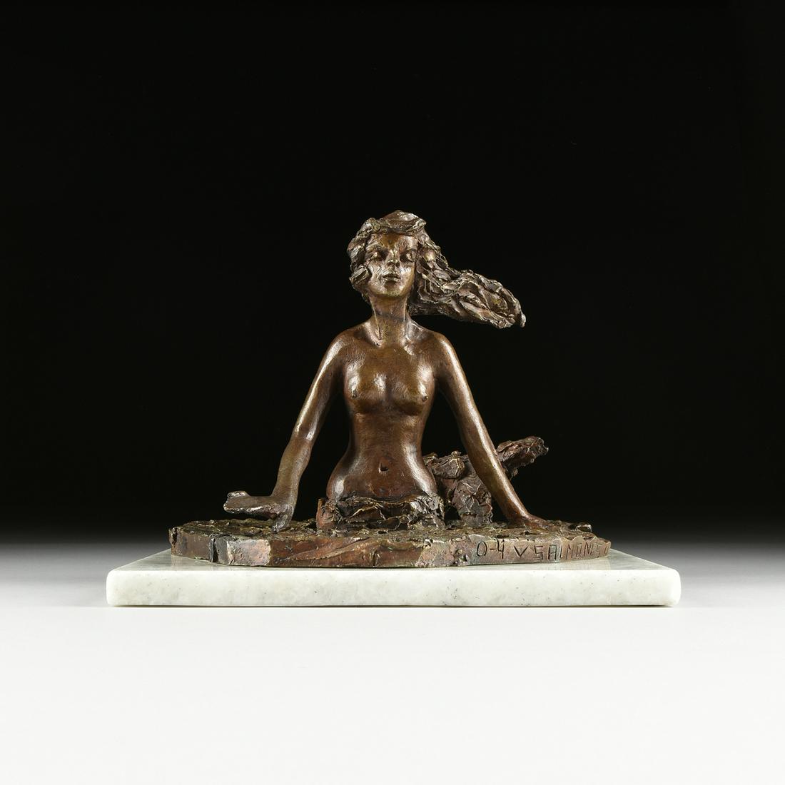 VICTOR SALMONES (Mexican 1937-1989) A SCULPTURE,: VICTOR SALMONES (Mexican 1937-1989) A SCULPTURE, "Sirena," cast bronze mounted to a white granite base, signed in bronze, special edition 4/10. Height: 9" Width: 11 3/4" Depth: 11 1/2"