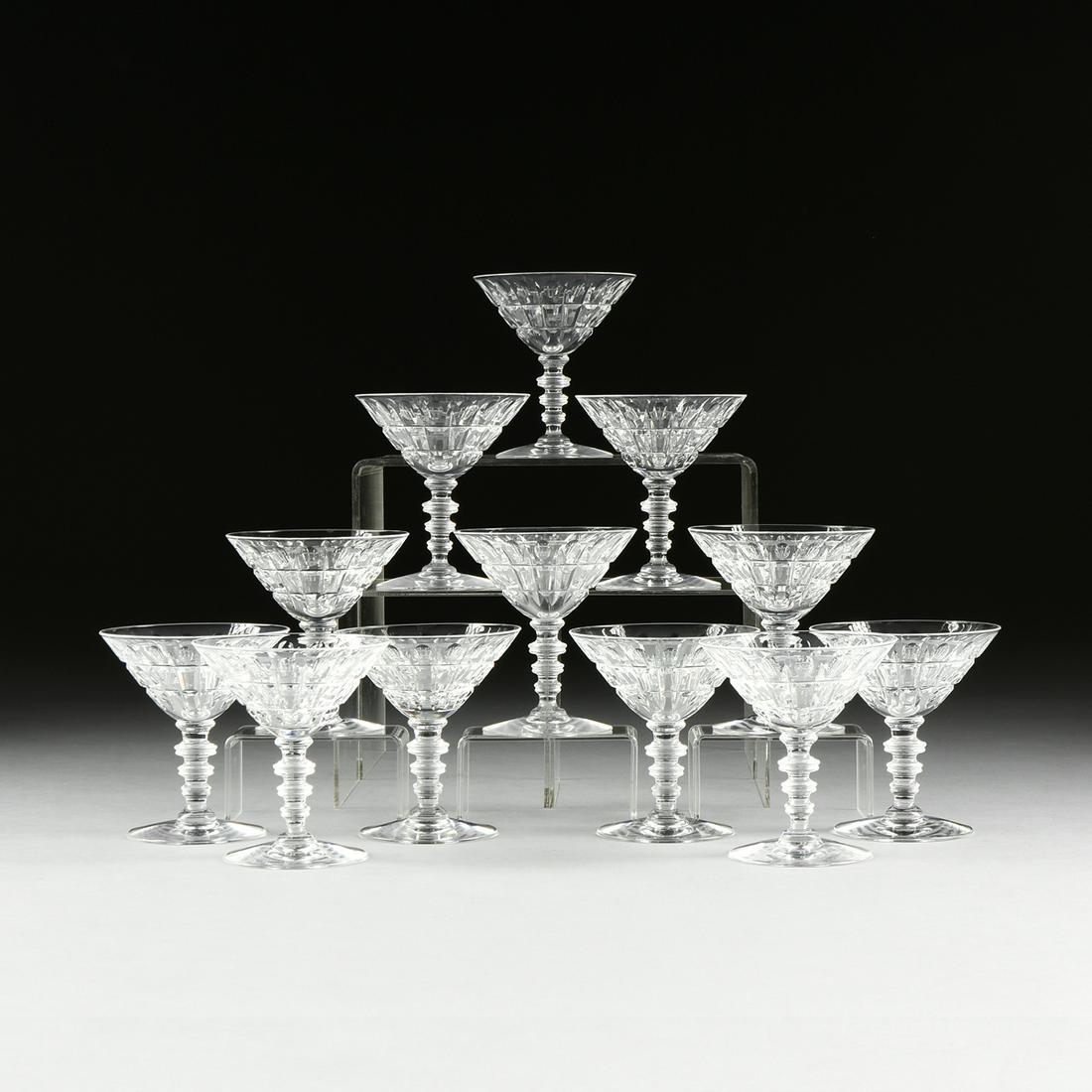 A SET OF TWELVE HAWKES CUT GLASS CHAMPAGNE COUPE: A SET OF TWELVE HAWKES CUT GLASS CHAMPAGNE COUPE STEMWARE, VERNAY PATTERN, SIGNED, 20TH CENTURY, acid edged mark base. Height: 4 1/2" Diameter: 4 1/8"