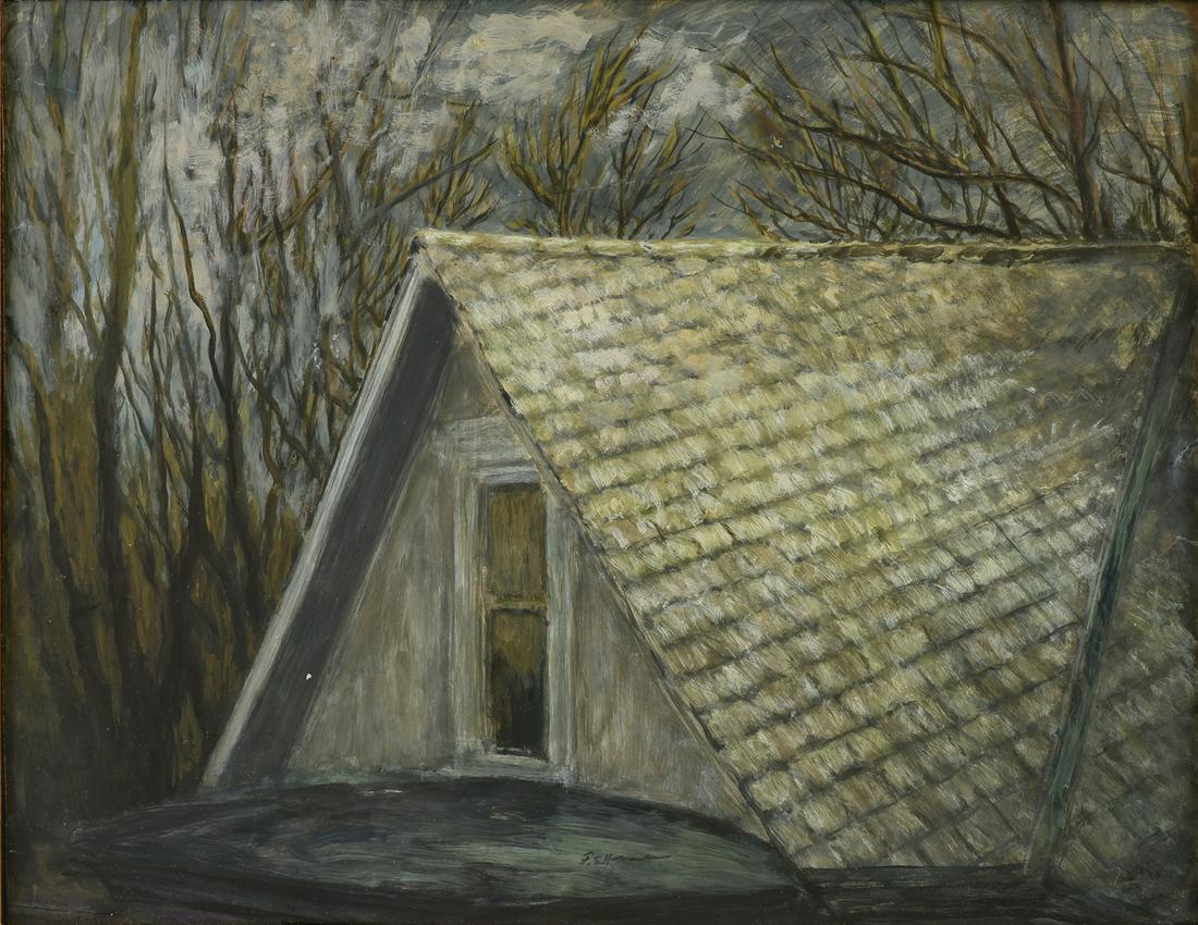 FRANK SIMON HERRMANN (AMERICAN 1866-1942), A: FRANK SIMON HERRMANN (AMERICAN 1866-1942), A WATERCOLOR, "Rooftop in trees," gouache on paper, signed L/C. 22" x 28"