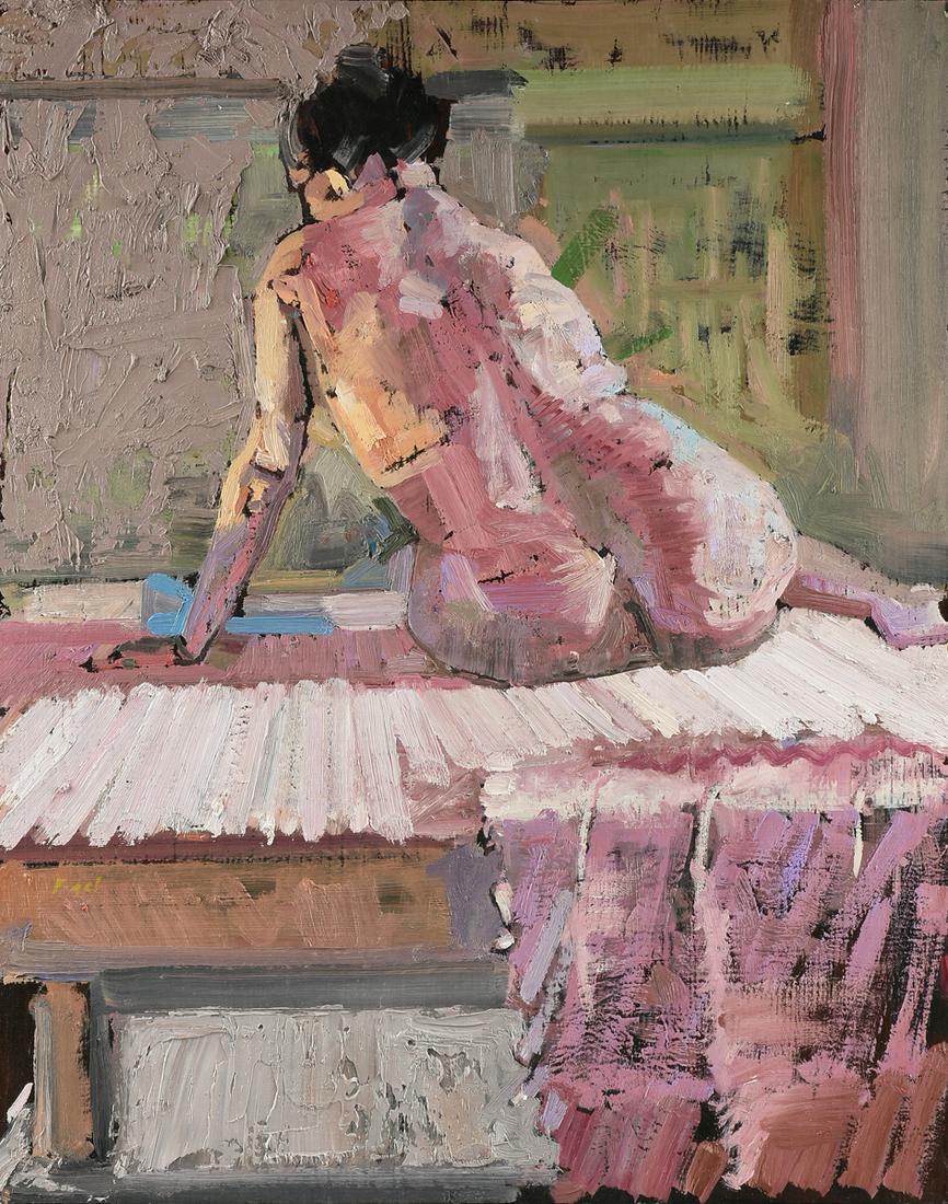 DAN FOGEL (American 20th/21st Century) A PAINTING,: DAN FOGEL (American 20th/21st Century) A PAINTING, "AMANDA," oil on pressed artist board, verso signed and titled. 20" x 15 3/4"