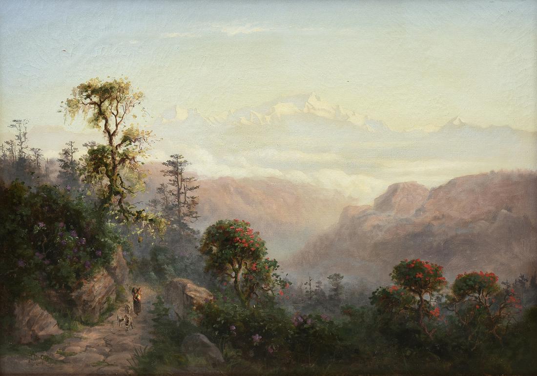A HUDSON RIVER SCHOOL PAINTING, "Figure with Goats in: A HUDSON RIVER SCHOOL PAINTING, "Figure with Goats in Andean Landscape," 19TH CENTURY, oil on canvas, signed in monogram and dated L/L "SA '98." 21" x 28 3/4" Provenance: Property from a South Texas C