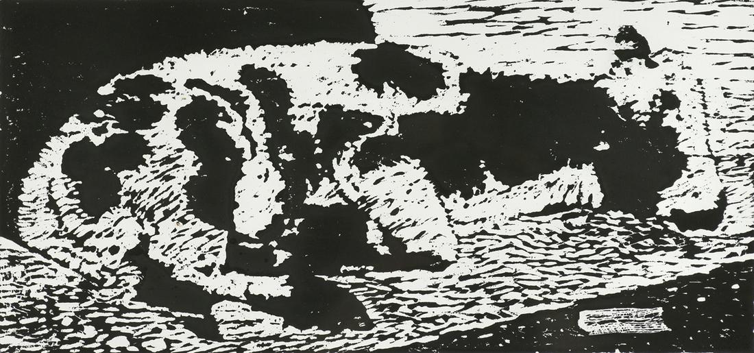 KERMIT OLIVER (American/Texas b. 1943) A WOODBLOCK: KERMIT OLIVER (American/Texas b. 1943) A WOODBLOCK PRINT, "Jacob," 2014, ink on paper, signed L/R, titled L/L, number 3/3, verso a paper gallery label. 9 3/4" x 20" Provenance: Hooks-Epstein Galleries