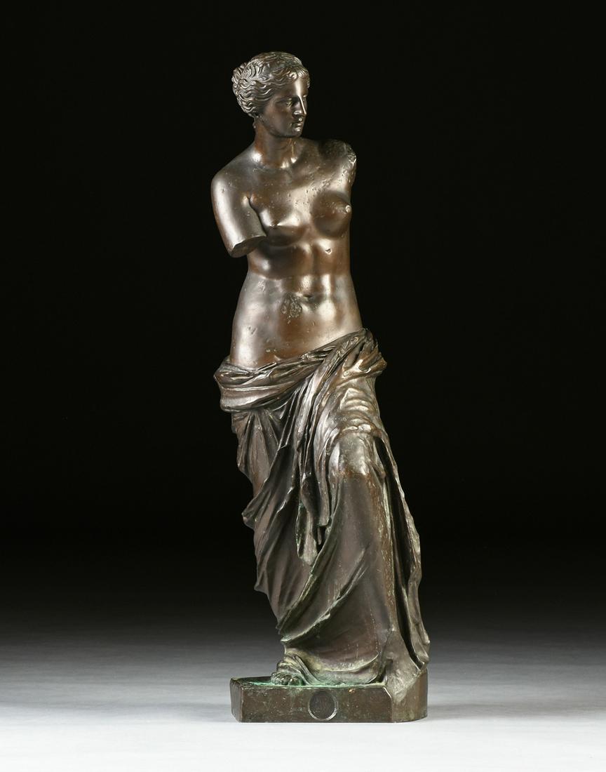 A FRENCH BRONZE VENUS DE MILO, AFTER THE ANTIQUE, BY: A FRENCH BRONZE VENUS DE MILO, AFTER THE ANTIQUE, BY THE RICHARD, ECK & DURAND FOUNDRY, 1838-1844, a nicely cast and patinated bronze model on a square form base with front centering an illegible larg