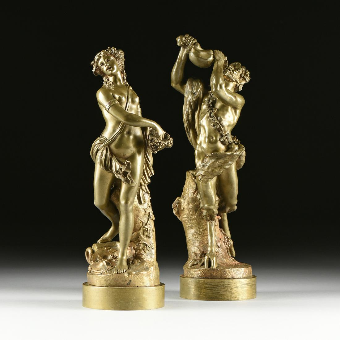 after MICHEL CLAUDE CLODION (French 1738-1814) A PAIR: after MICHEL CLAUDE CLODION (French 1738-1814) A PAIR OF SCULPTURES, "Faune Buvant" AND "Vendangeuse," BELLE EPOQUE (1871-1914), patinated bronze, Bacchanalian revelry, a drinking faun and grape harve