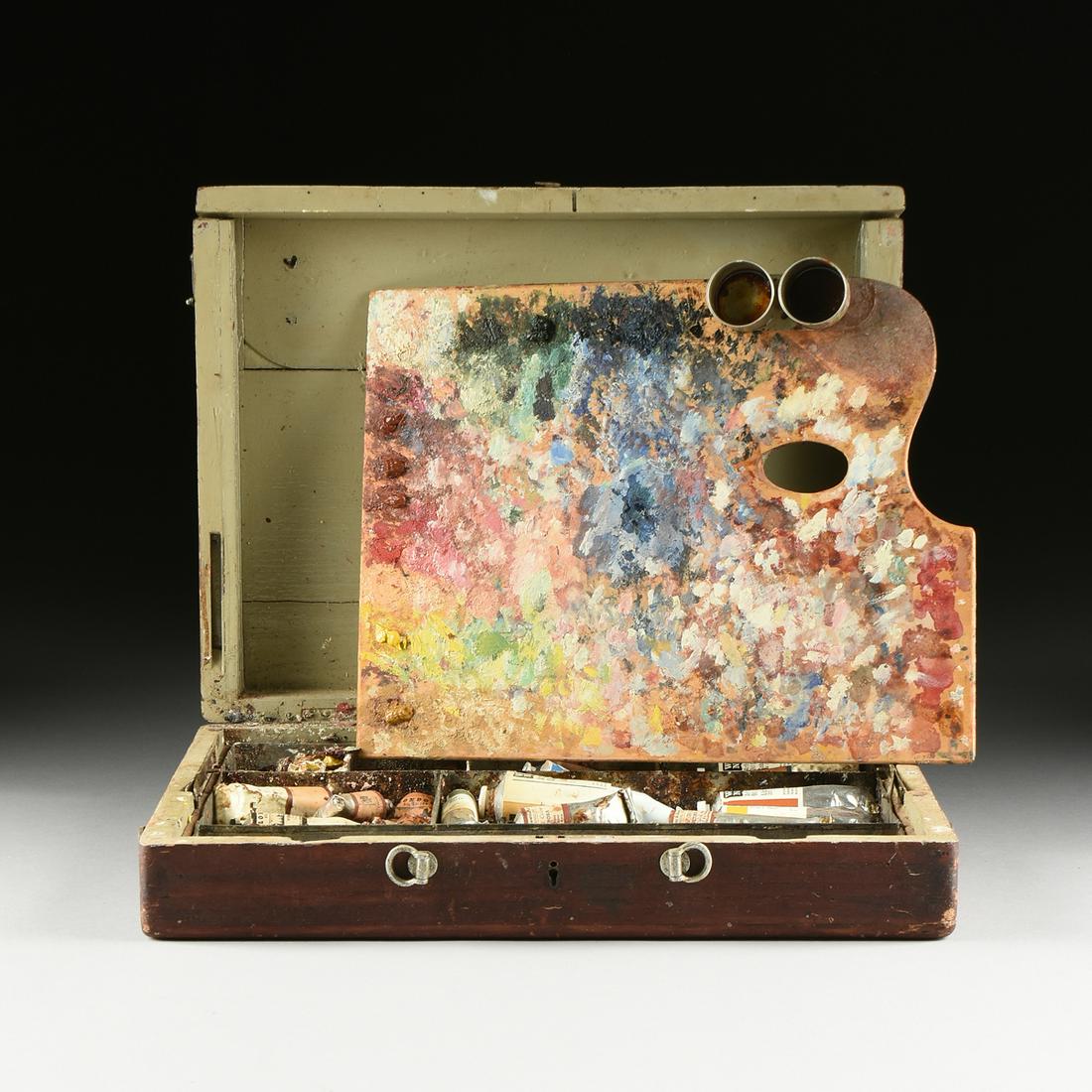 attributed to GEORGE BELLOWS (American 1882-1925) A: attributed to GEORGE BELLOWS (American 1882-1925) A PLEIN AIR ARTIST'S HAND PALETTE AND TRAVELING ART SUPPLY OAK BOX, FIRST HALF 20TH CENTURY, the box containing "London Oil Colour" and other var