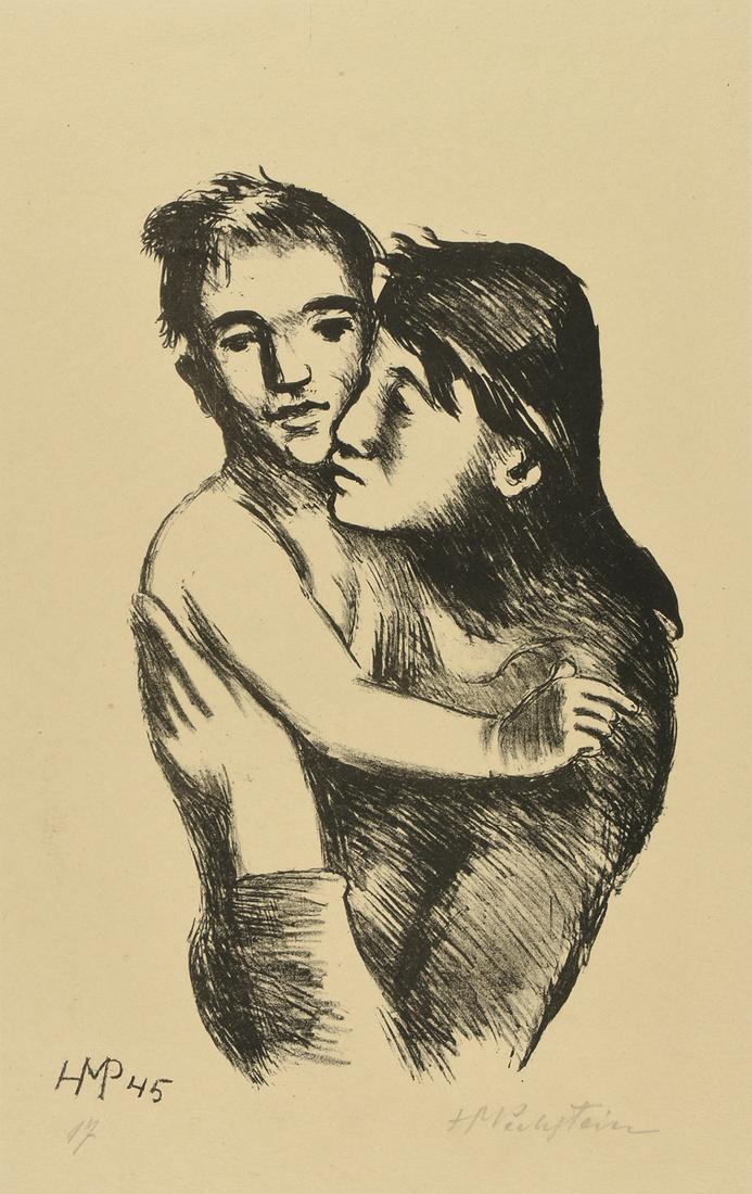 HERMANN MAX PECHSTEIN (German 1881-1955) A LITHOGRAPH,: HERMANN MAX PECHSTEIN (German 1881-1955) A LITHOGRAPH, "Mutter und Sohn" or "Mutter mit Kind," 1945, on paper, signed and dated in plate L/L, signed and dated in pencil L/R, numbered "17" L/L, image: