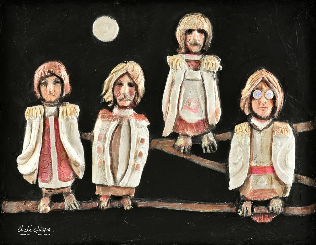 DAVID ADICKES (American/Texas b. 1927) A PAINTING, "The: DAVID ADICKES (American/Texas b. 1927) A PAINTING, "The Beatles as Owls," mixed media on matrix now mounted to frame back board, signed L/L, "Adickes," verso signed and dated. 10 5/8" x 13 5/8"