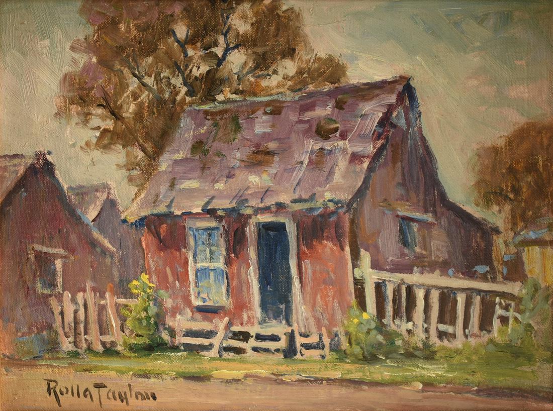 ROLLA SIMS TAYLOR (American/Texas 1872-1970) A: ROLLA SIMS TAYLOR (American/Texas 1872-1970) A PAINTING, "Home Sweet Home, San Antonio West Side," 1964, oil on canvas board, signed L/R, verso titled, signed, dated, and dedicated. 9" x 12" Note: Ins