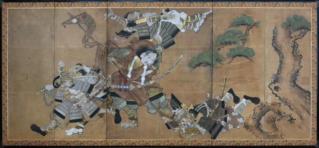 AN ANTIQUE JAPANESE WARRIOR ASHIKAGA vs KUSONOKI SHOGUN: AN ANTIQUE JAPANESE WARRIOR ASHIKAGA vs KUSONOKI SHOGUN SIX PANEL SCREEN, MID 18TH CENTURY, painted in ink, mineral pigments and gold leaf on paper centering the dramatically portrayed hero Ashikaga T