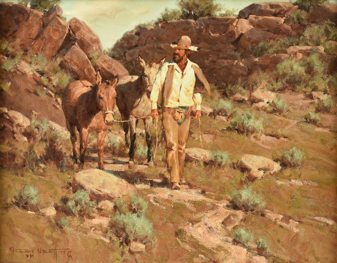 GARY NIBLETT (American b. 1945) A PAINTING, "Down the: GARY NIBLETT (American b. 1945) A PAINTING, "Down the Water Trail," 1977, oil on canvas, signed and dated L/L "Garry Niblett/'77/CA," titled verso. 22" x 28" Provenance: McAdoo Galleries, Santa F
