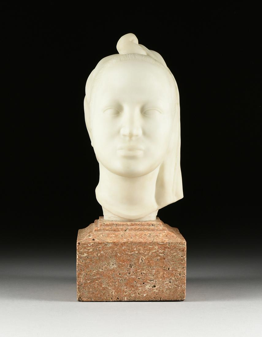 NATHANIEL CHOATE (American 1899-1965) A SCULPTURE,: NATHANIEL CHOATE (American 1899-1965) A SCULPTURE, "Head of Youth," 1932, carved white Carrara marble on a salmon pink limestone base, signed and dated verso at neck, "NAT CHOATE." Height: 17" D