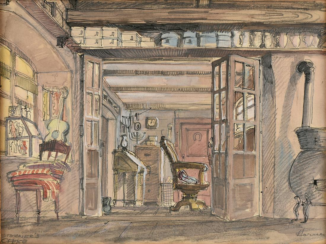 TOM LEA (American/Texas 1907-2001) SKETCH MATERIALS FOR: TOM LEA (American/Texas 1907-2001) SKETCH MATERIALS FOR "The Wonderful Country," CIRCA 1950, comprising a framed mixed media letter collage, 11" x 9"; "Sterner's Office," a watercolor on paper, 9 1/4"