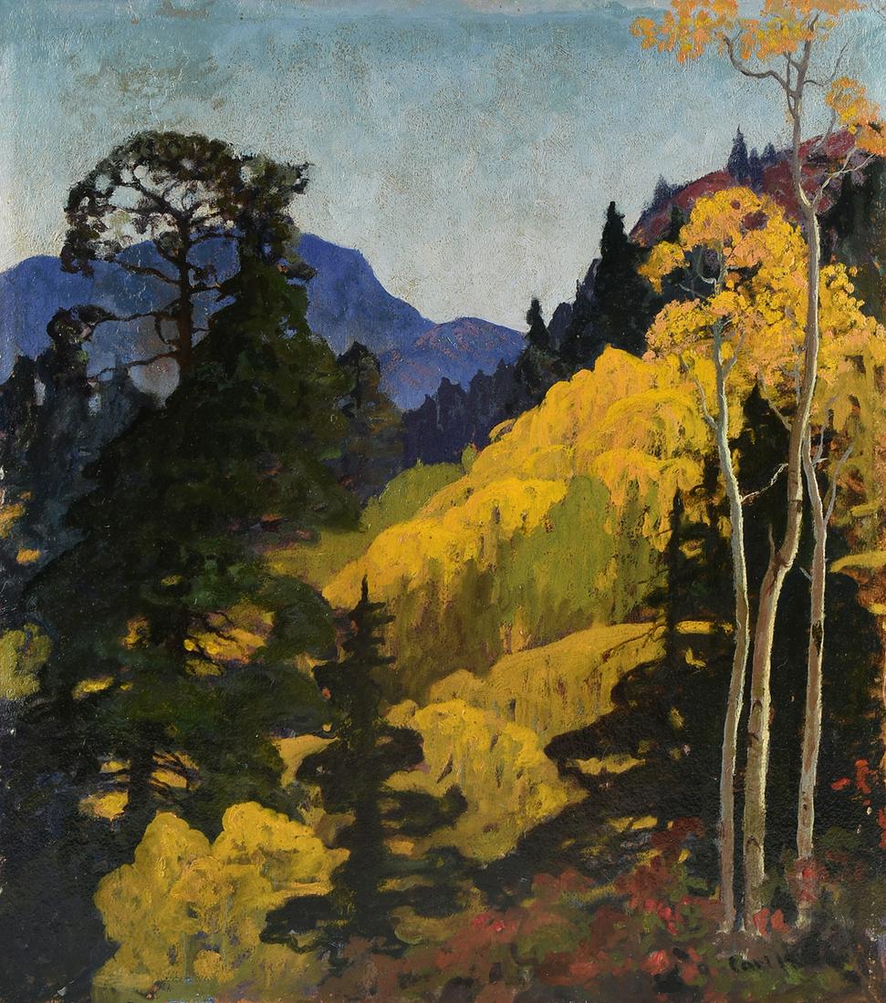 CARL REDIN (American 1892-1944) A PAINTING, "Yellow: CARL REDIN (American 1892-1944) A PAINTING, "Yellow Birch in Mountainous Landscape," oil on pressed pulp board, signed L/R. 18" x 15 3/4"