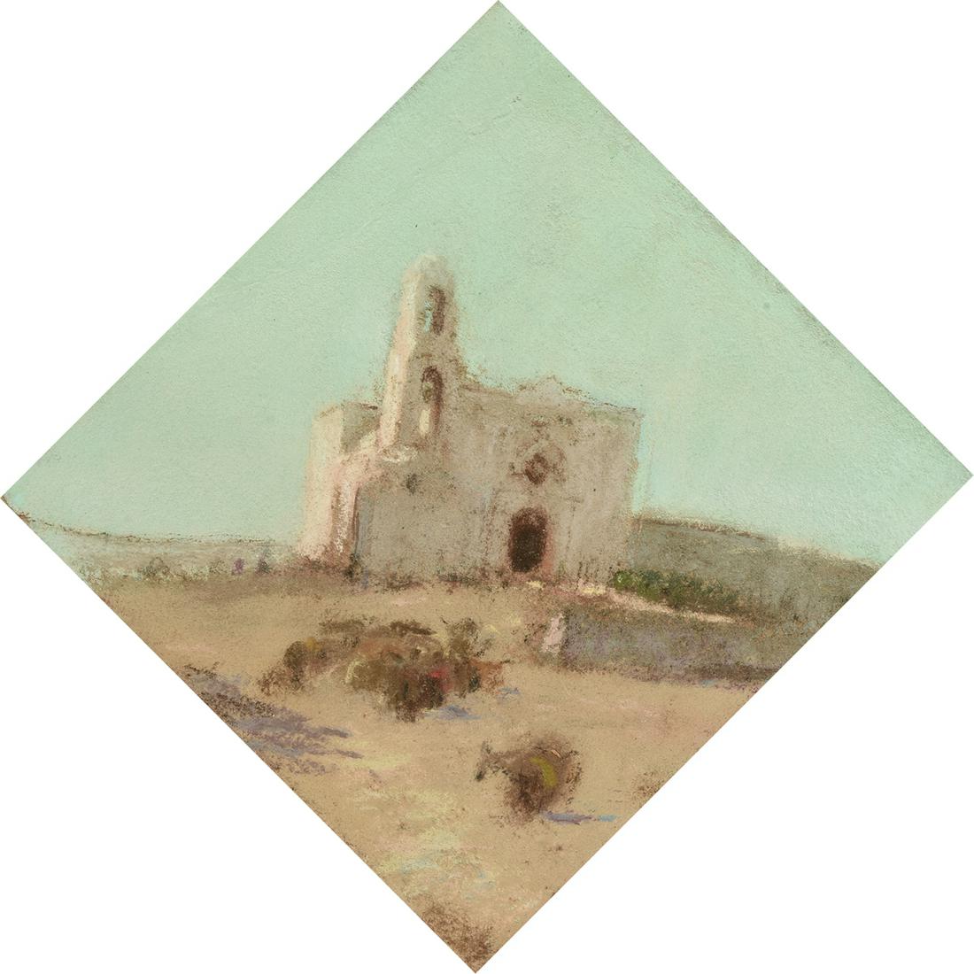 FRANK REAUGH (American/Texas 1860-1945) A DRAWING,: FRANK REAUGH (American/Texas 1860-1945) A DRAWING, "Mission Nuestra Señora de Guadalupe, Juarez, Mexico," pastel on paper, verso retaining hand inscribed partial remnant, "Mission at Paso del Nor