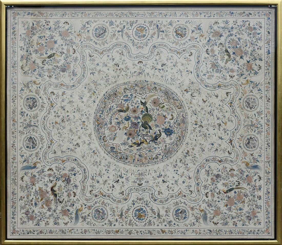 AN EXCEPTIONAL CHINESE GILT COUCHED AND POLYCHROME SILK: AN EXCEPTIONAL CHINESE GILT COUCHED AND POLYCHROME SILK THREAD EMBROIDERED BED HANGING, LATE QING DYNASTY/EARLY REPUBLIC PERIOD, EARLY 20TH CENTURY, of rectangular palatial size and composed of three 