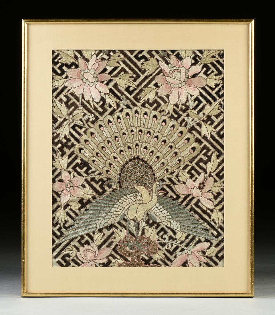 A LATE QING DYNASTY (1644-1912) GILT COUCHED THREAD: A LATE QING DYNASTY (1644-1912) GILT COUCHED THREAD SILK BUREAUCRAT RANK BADGE FRAGMENT, CHINESE, 19TH CENTURY, a central male peacock with yellow gilt feathered body, surrounded by six auspicious flo