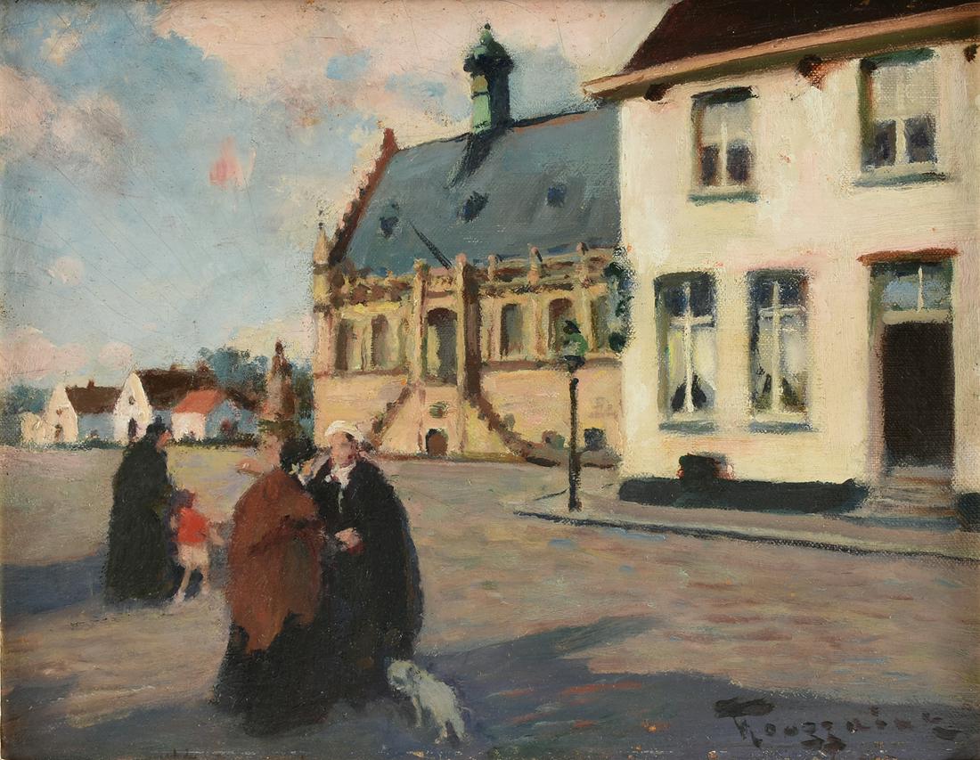 FERNAND TOUSSAINT (Belgian/French 1873-1956) A: FERNAND TOUSSAINT (Belgian/French 1873-1956) A PAINTING, "Church in Morning Light," oil on artist board, signed L/R, verso paper label. 10 1/2" x 13 3/4" Provenance: Property from a Private Collection