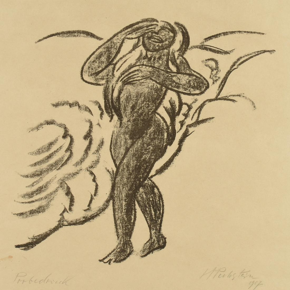 HERMANN MAX PECHSTEIN (German 1881-1955) A LITHOGRAPH,: HERMANN MAX PECHSTEIN (German 1881-1955) A LITHOGRAPH, "Stehender Akt am Wasser," 1917, on paper, signed and dated L/R, inscribed "Probedruck" L/L, image: 9 1/2" x 9 1/2"; sheet: 12 5/8" x 13 1/4". No