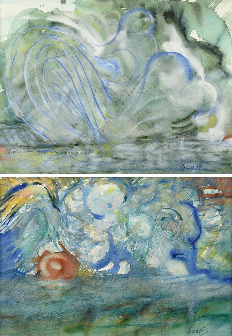 SAM SCOTT (American b. 1940) TWO PAINTINGS, "Storm: SAM SCOTT (American b. 1940) TWO PAINTINGS, "Storm Clouds Clearing After Rain I," AND "Storm Clouds Clearing After Rain II," watercolor on paper, signed L/R, "Scott," verso a paper gallery label. 18" 
