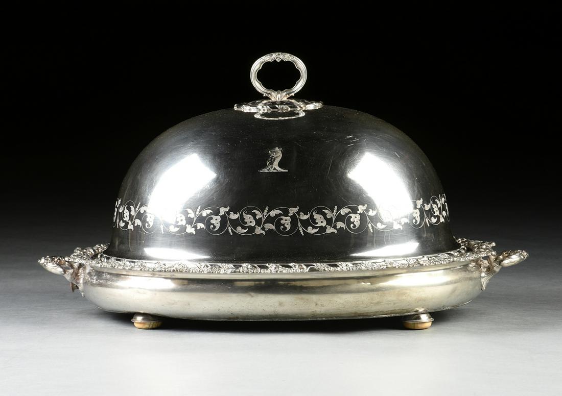 A VICTORIAN SHEFFIELD SILVERPLATED DOME MEAT COVER WITH: A VICTORIAN SHEFFIELD SILVERPLATED DOME MEAT COVER WITH TWO HANDLED WARMING TRAY, COVER BY SMITH, SISSONS & CO., 1850s, the loop handle with delicate engraved scrolling vine enclosed by a leaf wrapped