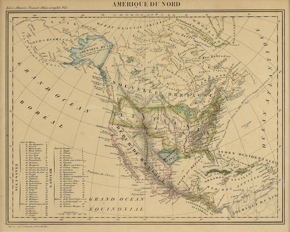 AN ANTIQUE MAP, "Amérique du Nord (North America),": AN ANTIQUE MAP, "Amérique du Nord (North America)," FRENCH,1836-1846, hand colored engraving on paper, originally engraved by René Louis Letronne (French 1788-1841) for teacher and peda