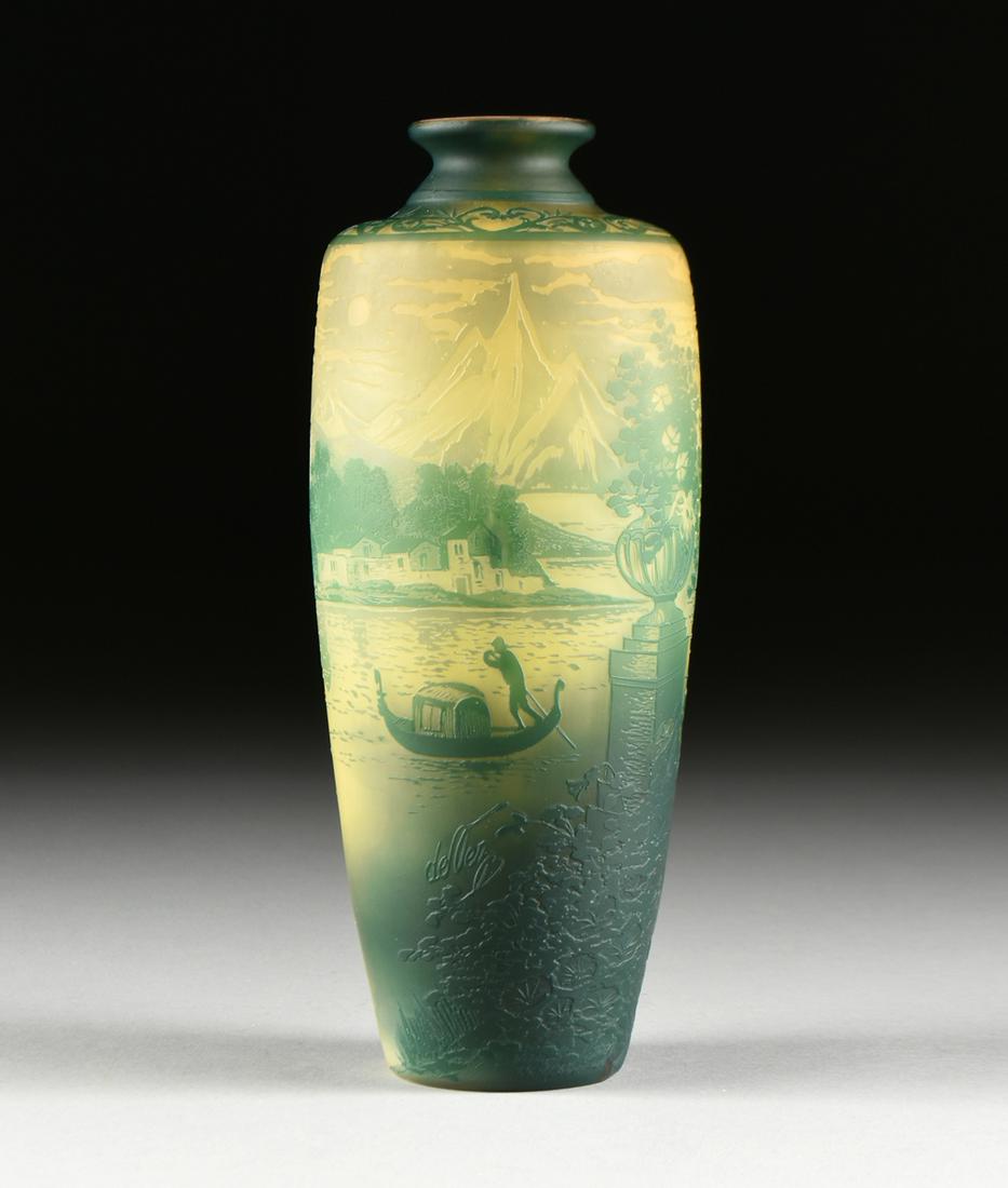 A DE VEZ ETCHED DOUBLE OVERLAY CAMEO GLASS VASE,: A DE VEZ ETCHED DOUBLE OVERLAY CAMEO GLASS VASE, FRENCH, SIGNED, CIRCA 1910, the flat circular rim with rounded sides on a short wasted neck above a shoulder enclosing a continuous band of heart form