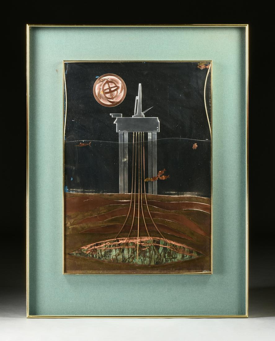 DICK GREEN (American 20th Century) A METAL COLLAGE OF: DICK GREEN (American 20th Century) A METAL COLLAGE OF AN OFFSHORE OIL RIG, 1977, mixed metals and acrylics on board, signed and dated in engraved plaque lower right. 60" x 42" Provenance: Property fro