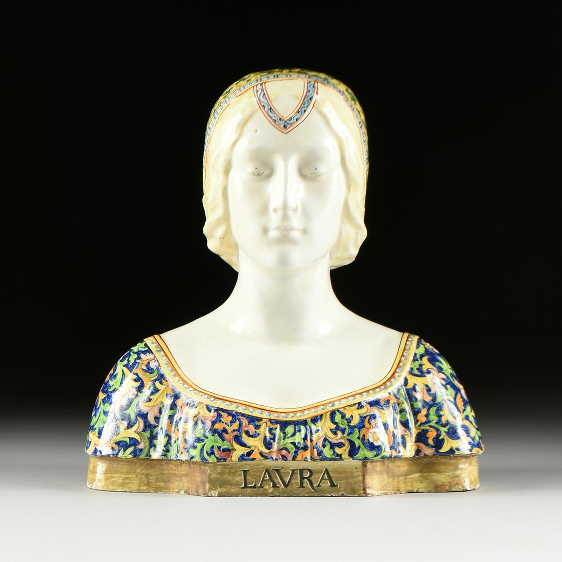 AN ITALIAN MAJOLICA BUST OF A RENAISSANCE MAIDEN, after: AN ITALIAN MAJOLICA BUST OF A RENAISSANCE MAIDEN, after ANGELO MINGHETTI (1822-1885), BOLOGNA, LATE 19TH/EARLY 20TH CENTURY, underglaze polychrome glazed earthenware, base titled "LAVRA," verso a post