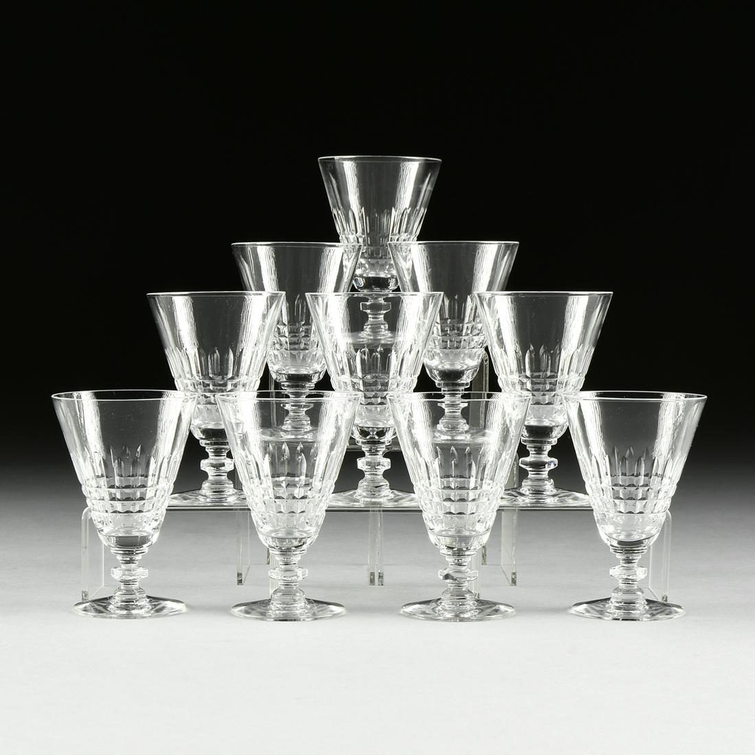A SET OF TEN HAWKES STYLE CUT GLASS CLARET WINE: A SET OF TEN HAWKES STYLE CUT GLASS CLARET WINE STEMWARE, 20TH CENTURY, acid edged mark base. Height: 4 1/4" Diameter: 2 7/8"