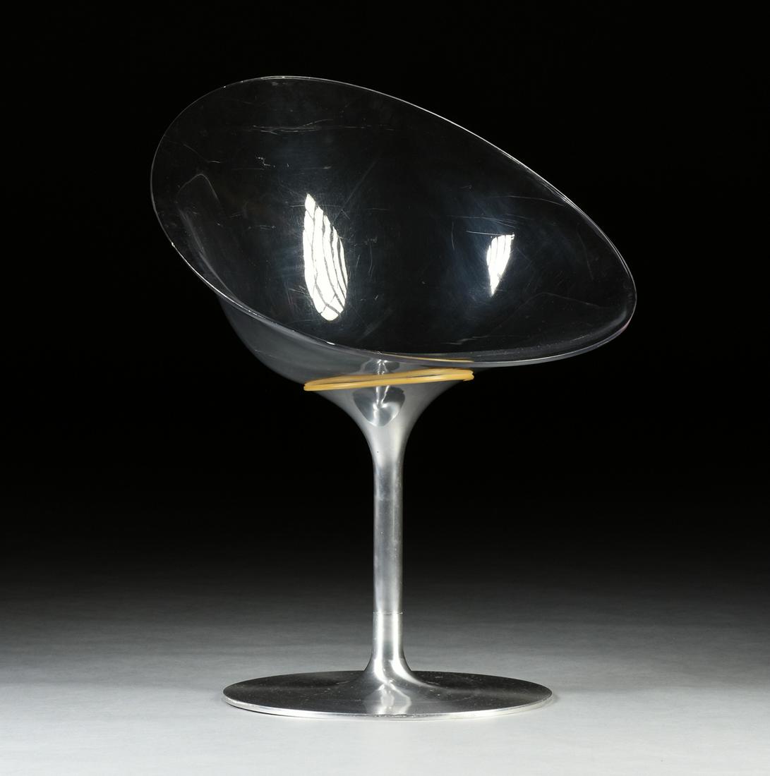 AN ITALIAN KARTELL EROS CLEAR PLASTIC AND METAL SWIVEL: AN ITALIAN KARTELL EROS CLEAR PLASTIC AND METAL SWIVEL CHAIR, DESIGNED BY PHILIPPE STARCK, CIRCA 1989, the molded polycarbonate ovoid seat raised on a tulip form swivel stem flaring to a circular base