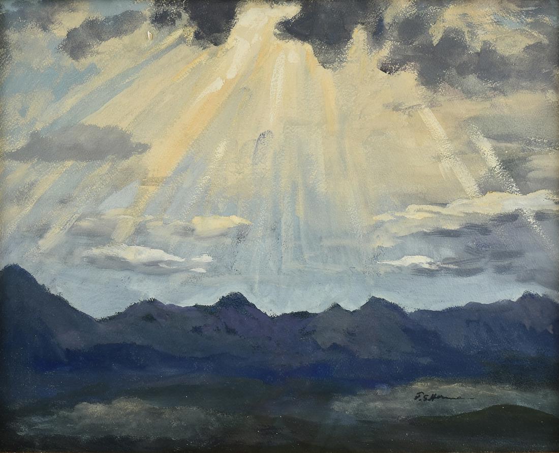 FRANK SIMON HERRMANN (AMERICAN 1866-1942) A PAINTING,: FRANK SIMON HERRMANN (AMERICAN 1866-1942) A PAINTING, "Light Breaking Through the Clouds," gouache on paper, signed L/R. 16" x 20" 