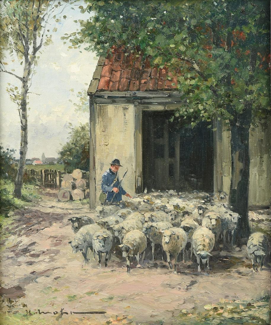 KURT MOHR (German 1886-1973) A PAINTING, "Shepherd in: KURT MOHR (German 1886-1973) A PAINTING, "Shepherd in Blue Coat with Herd of Sheep," oil on canvas, signed L/L. 23 1/4" x 19 1/4"